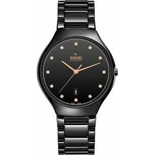 Black ceramic men’s wristwatch with gold hands, black dial, and date display