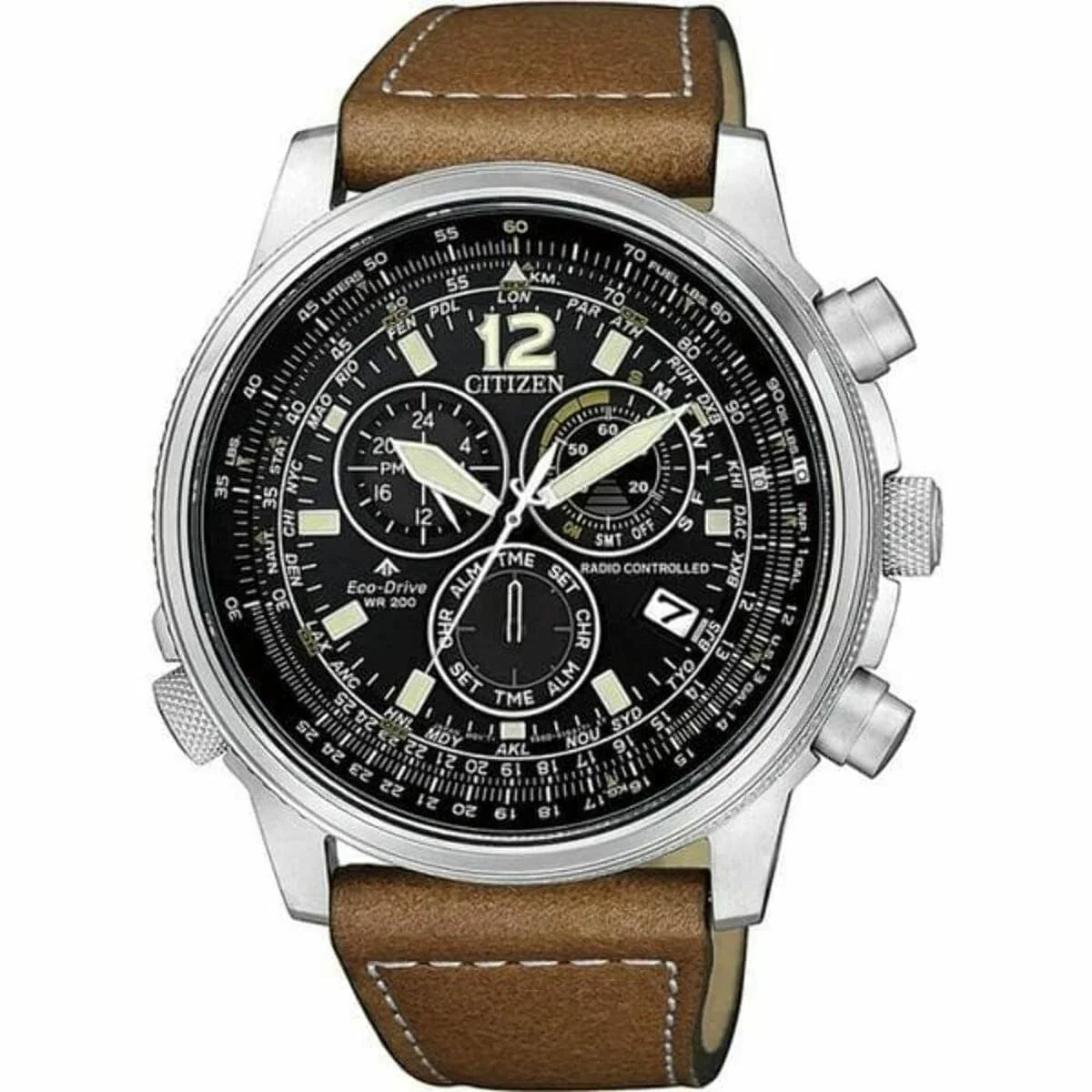 Analog chronograph watch with black dial, multiple subdials, silver case, and brown leather strap