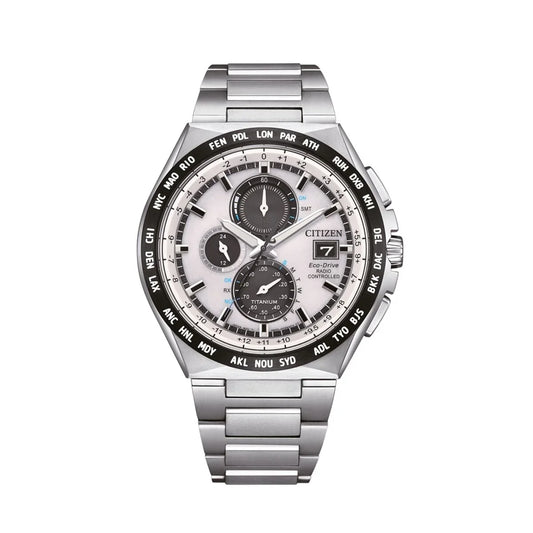 Silver chronograph watch with white dial, subdials, world time bezel, and metal bracelet