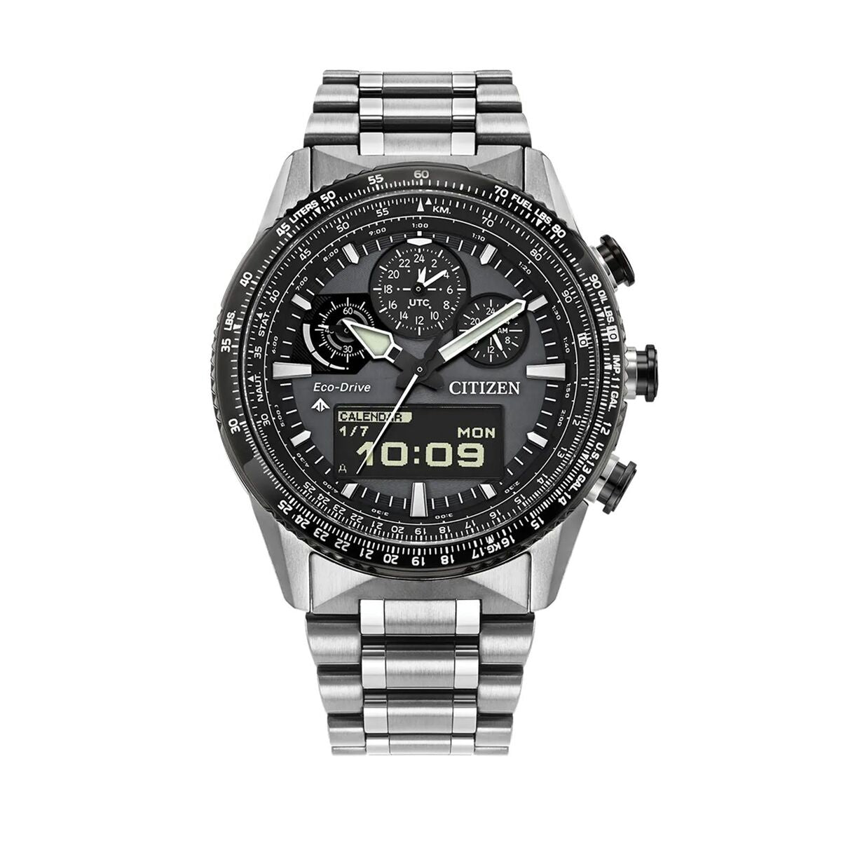Stainless steel chronograph watch with digital display, multi-function dial, and metal bracelet