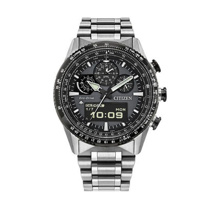 Stainless steel chronograph watch with digital display, multi-function dial, and metal bracelet