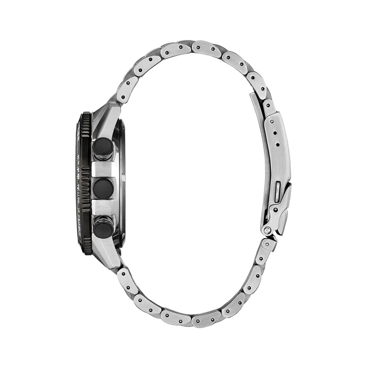 side view of stainless steel chronograph watch with metal bracelet and push buttons