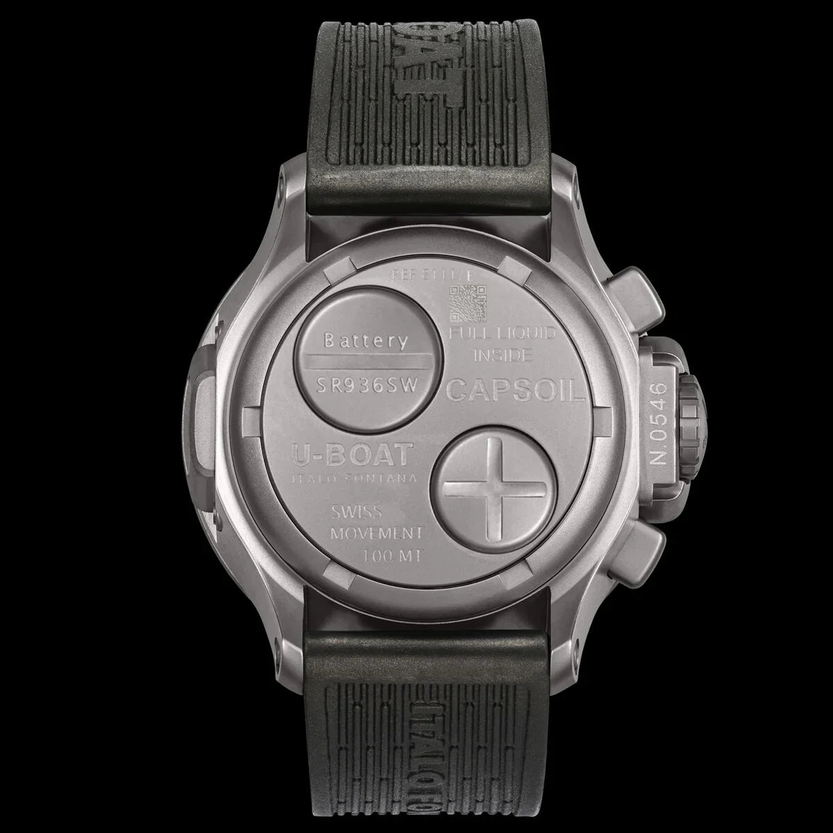 Tagantvaade Šveitsi liikumise ja musta kummist rihmaga U-BOAT Capsoil käekellale