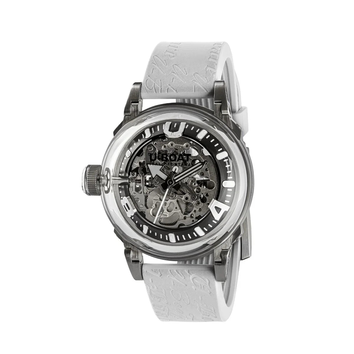 Skeleton dial mechanical wristwatch with see-through case and textured white strap