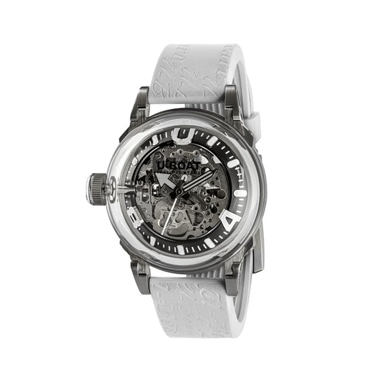 Skeleton dial mechanical wristwatch with see-through case and textured white strap