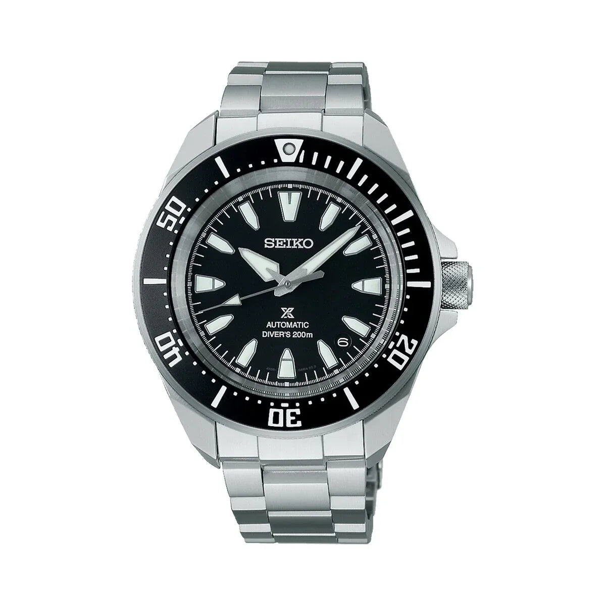 Stainless steel automatic diver's watch with black dial, rotating bezel, and luminous markers