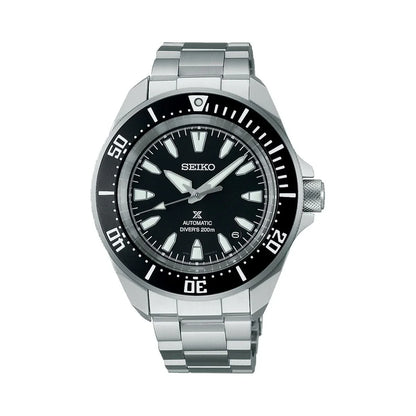 Stainless steel automatic diver's watch with black dial, rotating bezel, and luminous markers