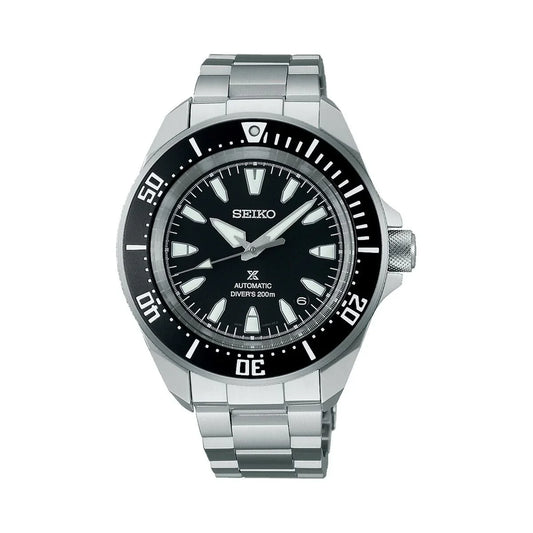 Stainless steel automatic diver's watch with black dial, rotating bezel, and luminous markers
