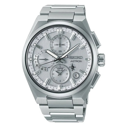 Silver GPS solar chronograph watch with multiple subdials and a stainless steel bracelet