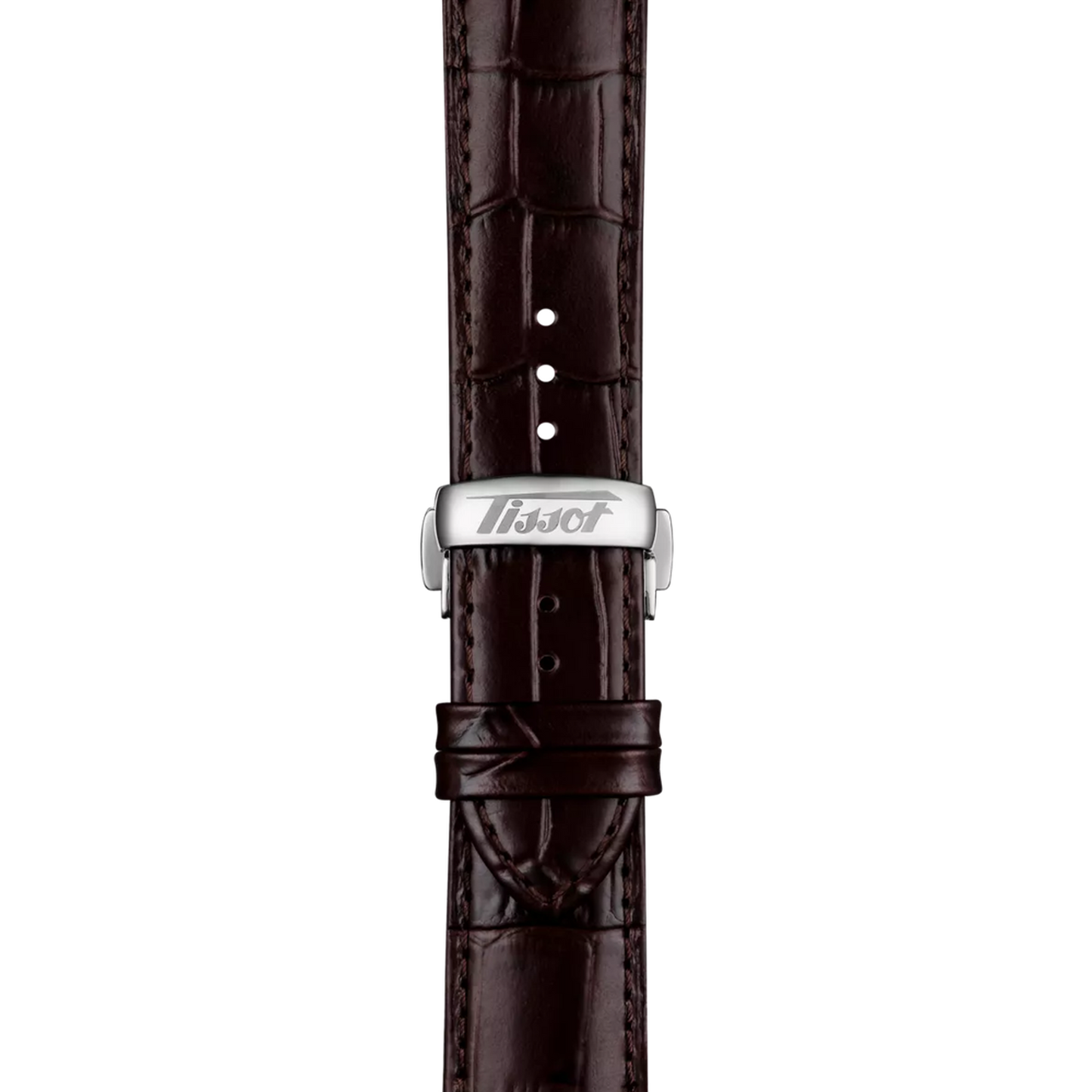 Brown leather watch strap with silver buckle and textured alligator pattern