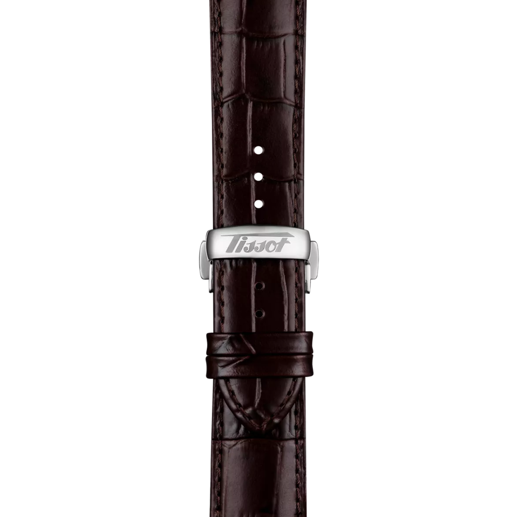 Brown leather watch strap with silver buckle and textured alligator pattern