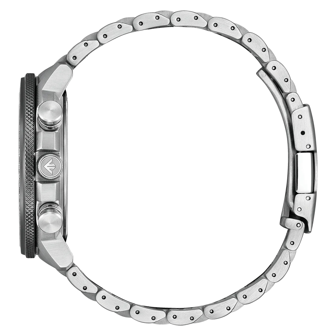 Side profile of a stainless steel chronograph watch with metal bracelet and pushers