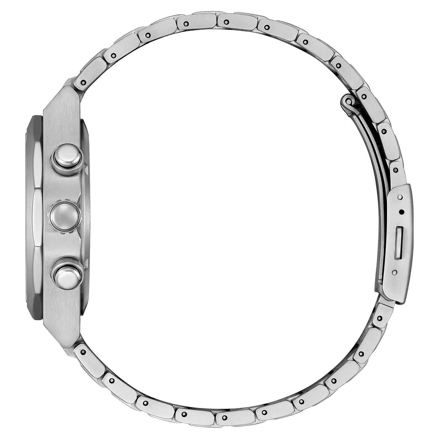 Stainless steel chronograph watch side view with metal bracelet and push buttons