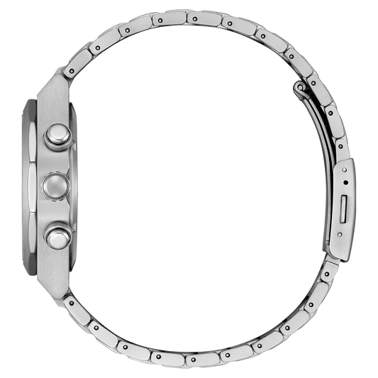 Stainless steel chronograph watch side view with metal bracelet and push buttons