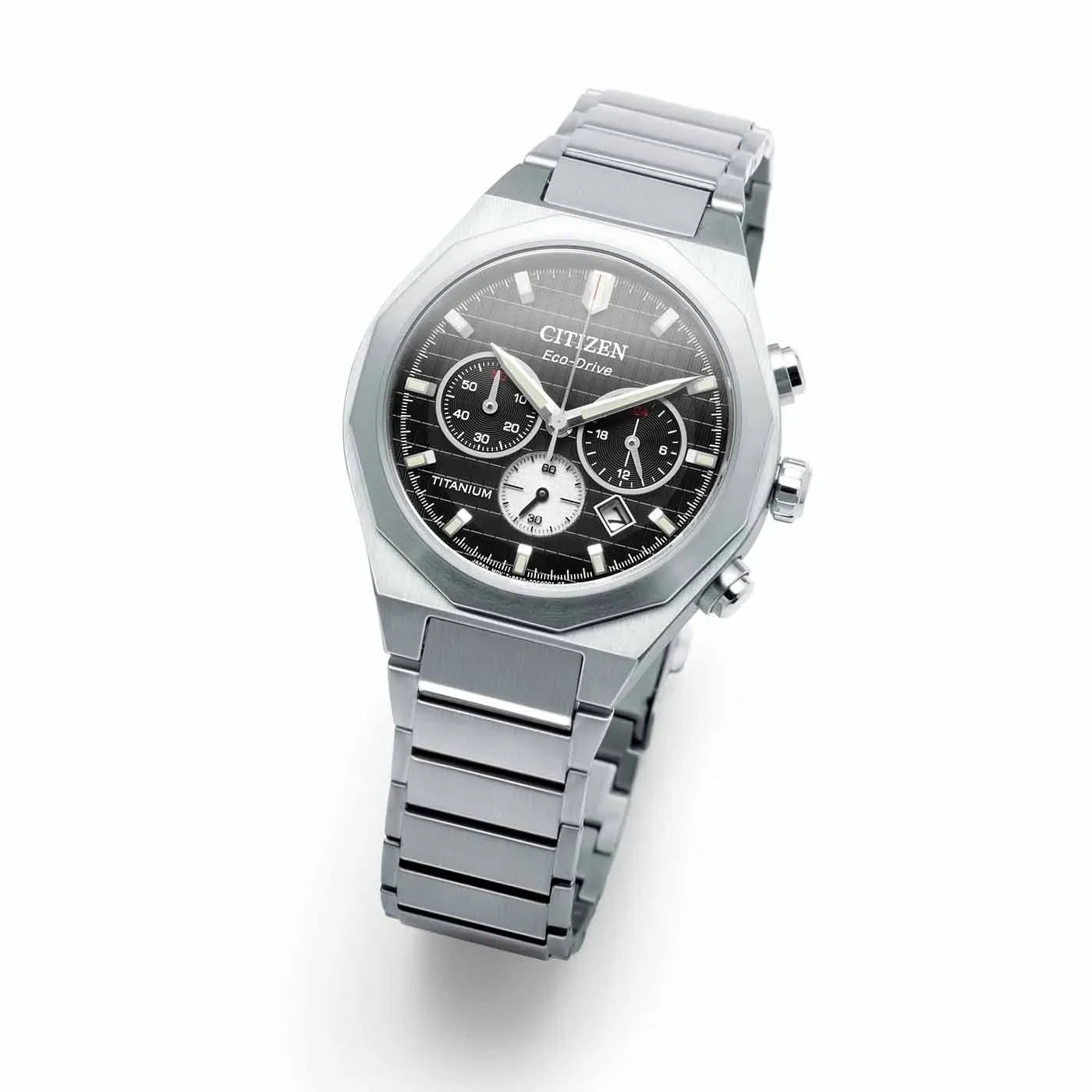 Stainless steel chronograph watch with black dial, date display, and silver bracelet