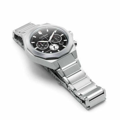Stainless steel chronograph wristwatch with black dial and silver metal bracelet