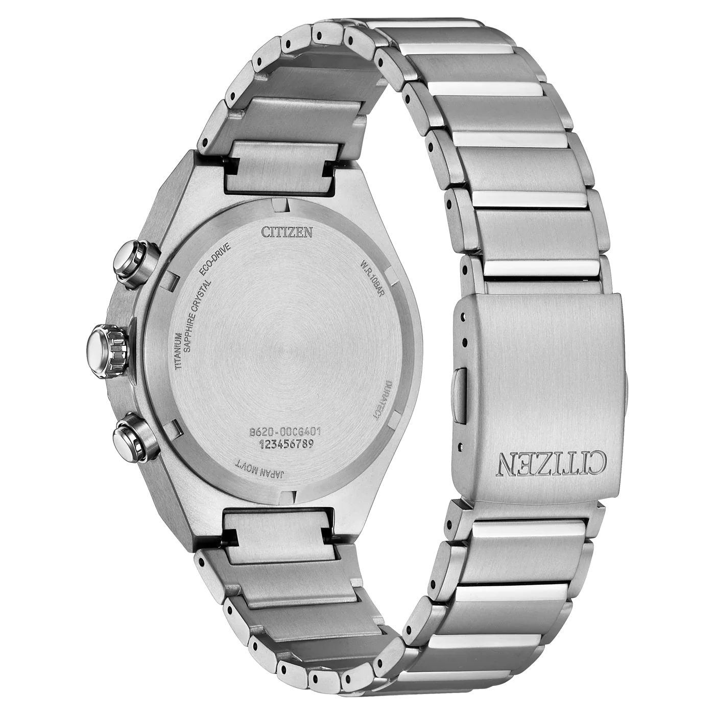 Back view of a stainless steel chronograph watch with engraved case and metal bracelet