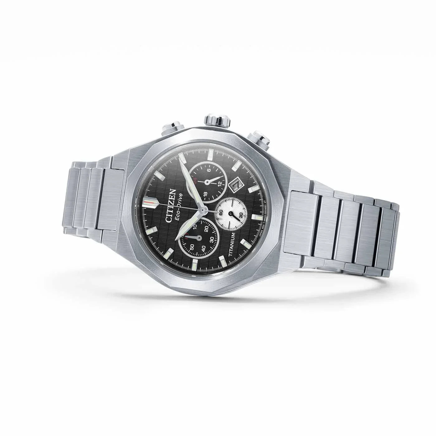 Stainless steel chronograph watch with black dial and silver bracelet on white background