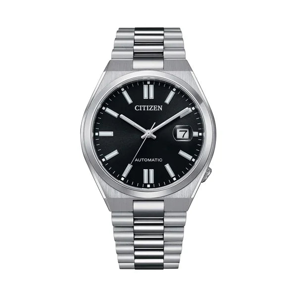 Stainless steel automatic wristwatch with black dial and date display at 3 o'clock