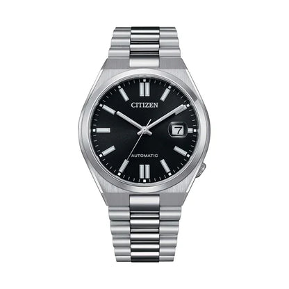 Stainless steel automatic wristwatch with black dial and date display at 3 o'clock