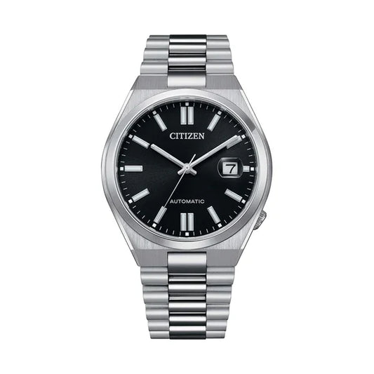 Stainless steel automatic wristwatch with black dial and date display at 3 o'clock