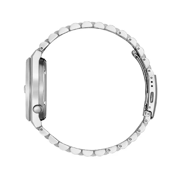 Side view of a silver stainless steel wristwatch with metal bracelet and clasp