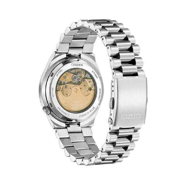 Stainless steel watch with exhibition case back showing automatic movement and metal bracelet