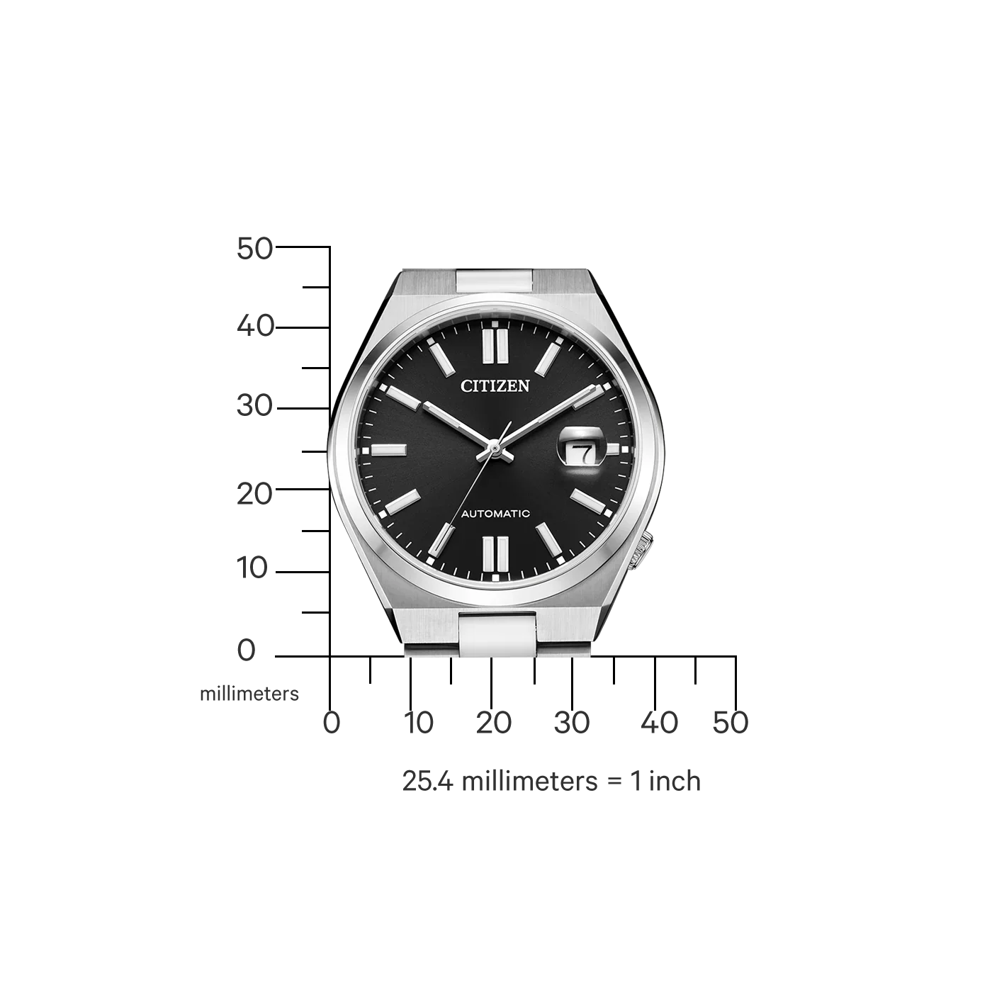 Stainless steel automatic watch with black dial, date window, and silver hour markers