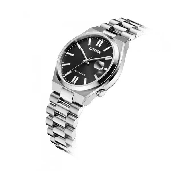 Stainless steel automatic wristwatch with black dial and date display