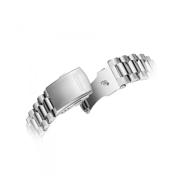 Stainless steel watch bracelet with deployment clasp, engraved with CITIZEN, shown open