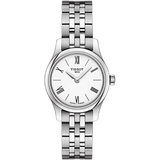 Stainless steel analog wristwatch with white dial and Roman numeral hour markers