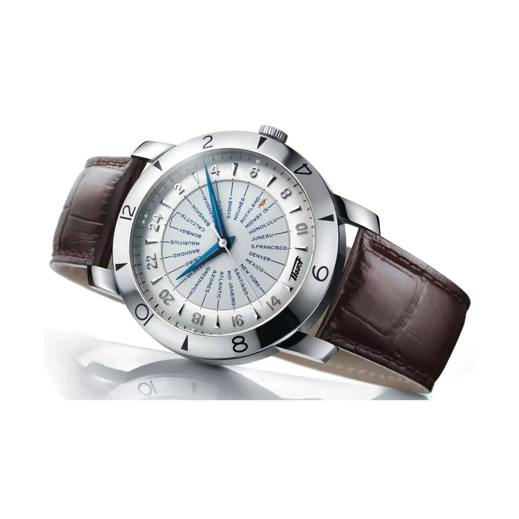 Luxury world time wristwatch with silver dial, brown leather strap, and city names display