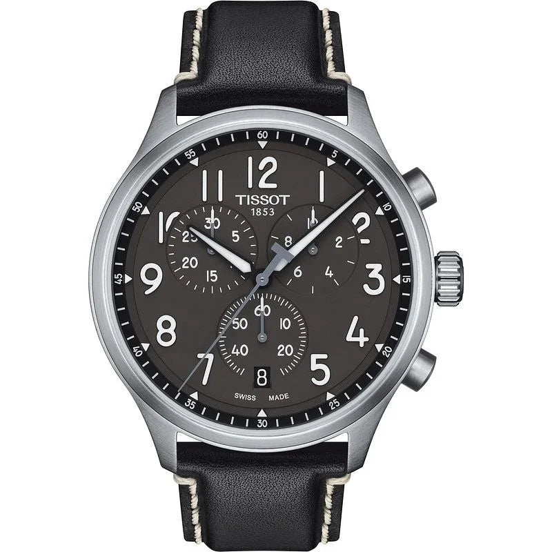 Black chronograph wristwatch with silver case, black dial, and leather strap