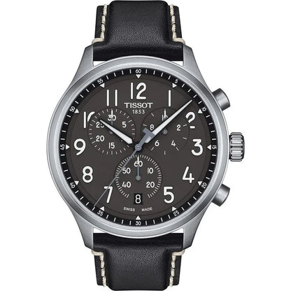 Black chronograph wristwatch with silver case, black dial, and leather strap