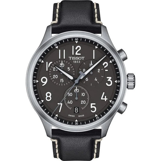 Black chronograph wristwatch with silver case, black dial, and leather strap
