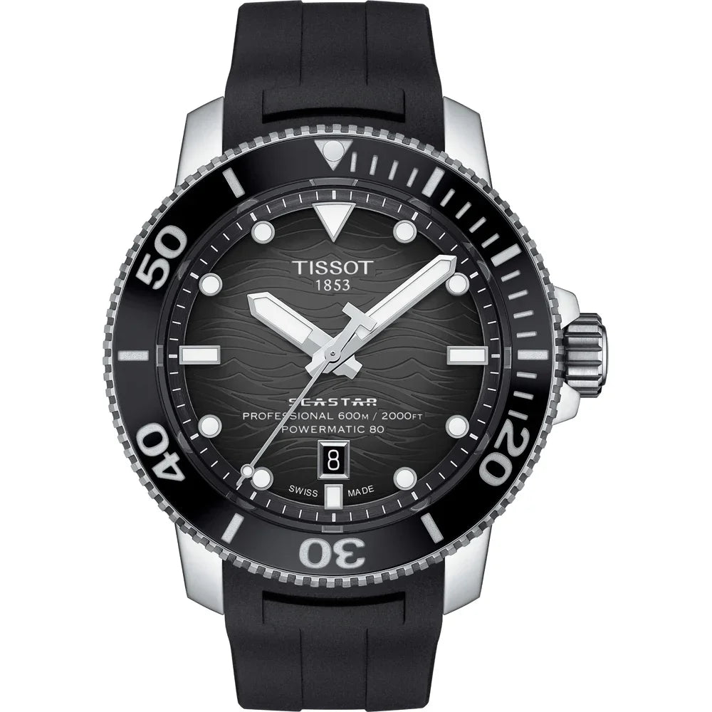Black dial diver watch with rotating bezel, bold hour markers, and black rubber strap