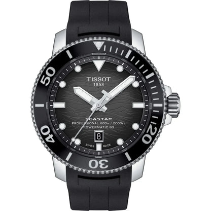 Black dial diver watch with rotating bezel, bold hour markers, and black rubber strap