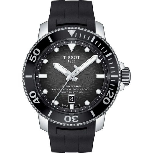 Black dial diver watch with rotating bezel, bold hour markers, and black rubber strap