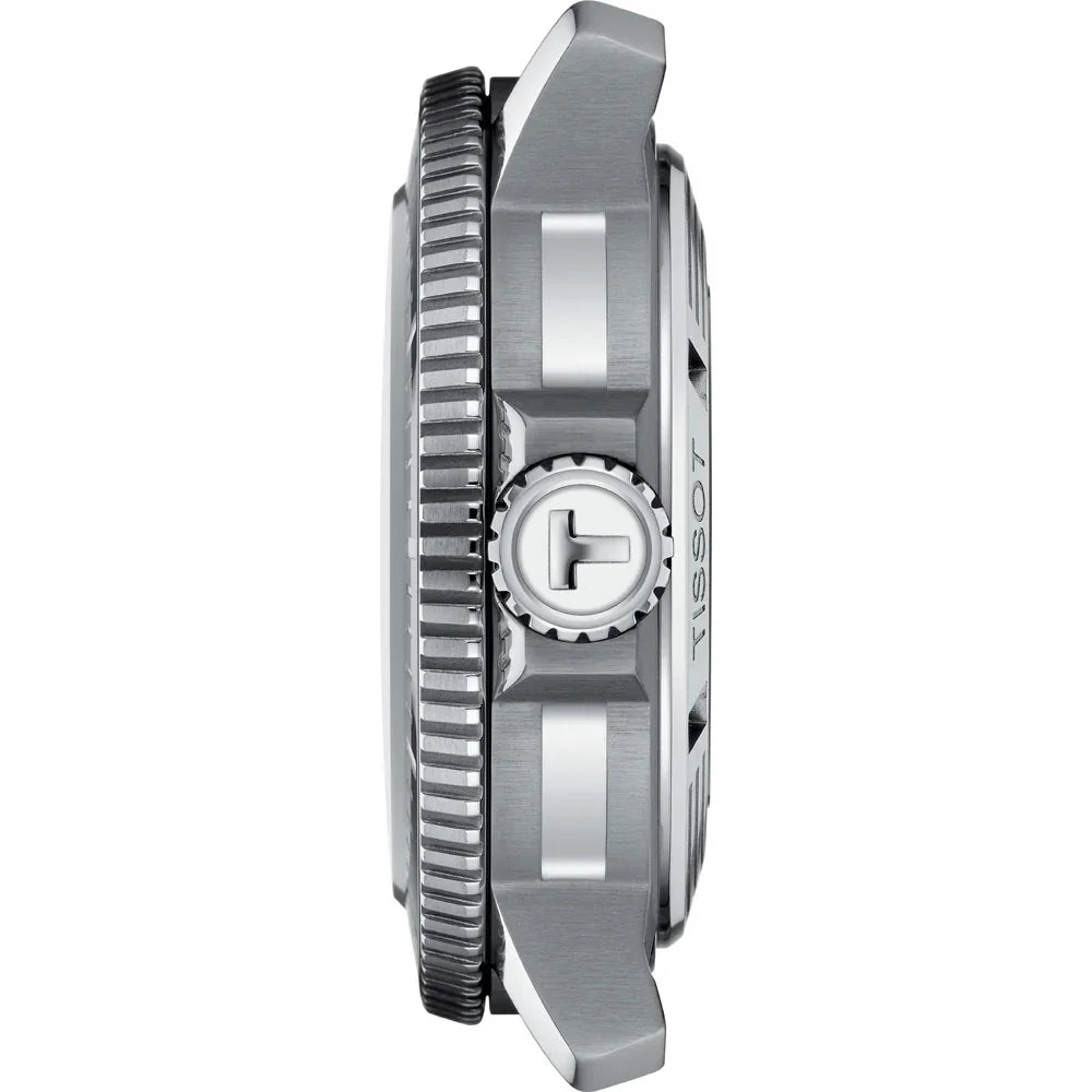 Side view of a stainless steel watch case with textured crown and bezel