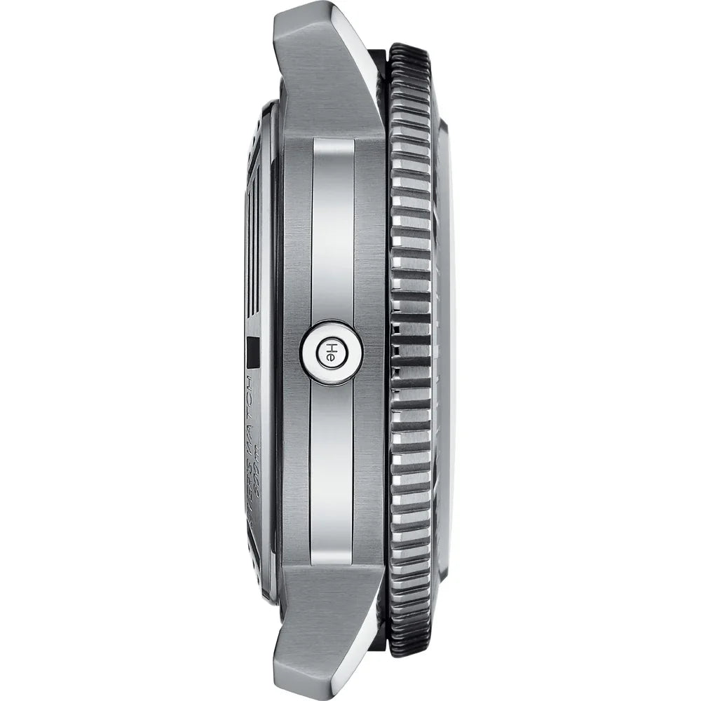 Side view of a stainless steel luxury watch case with helium escape valve and textured bezel