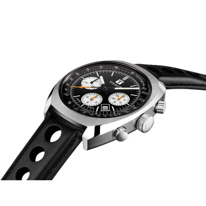 Stainless steel chronograph wristwatch with black dial, sporty subdials, and perforated leather strap