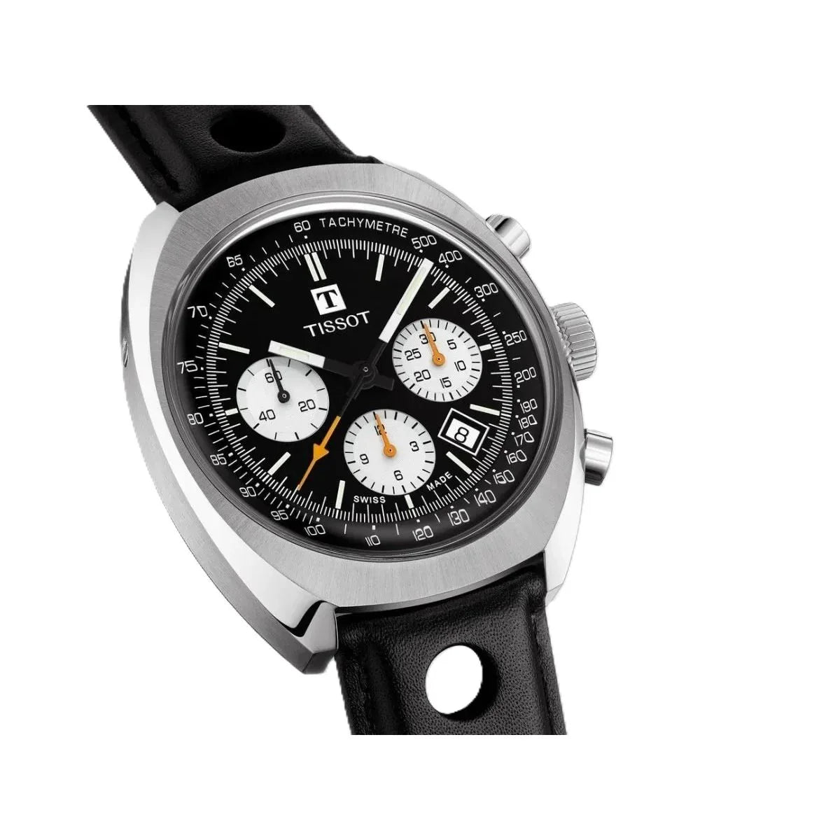 Stainless steel chronograph watch with black dial, three white subdials, and leather strap