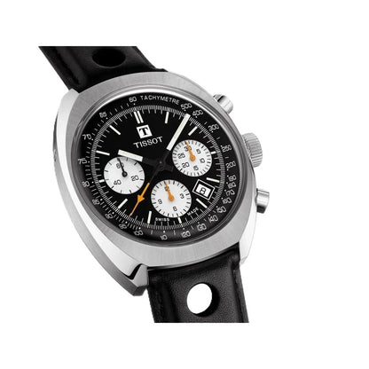 Stainless steel chronograph watch with black dial, three white subdials, and leather strap