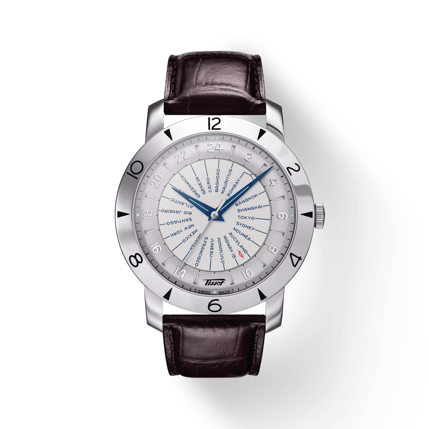 Luxury world time watch with silver case, city names dial, and brown leather strap