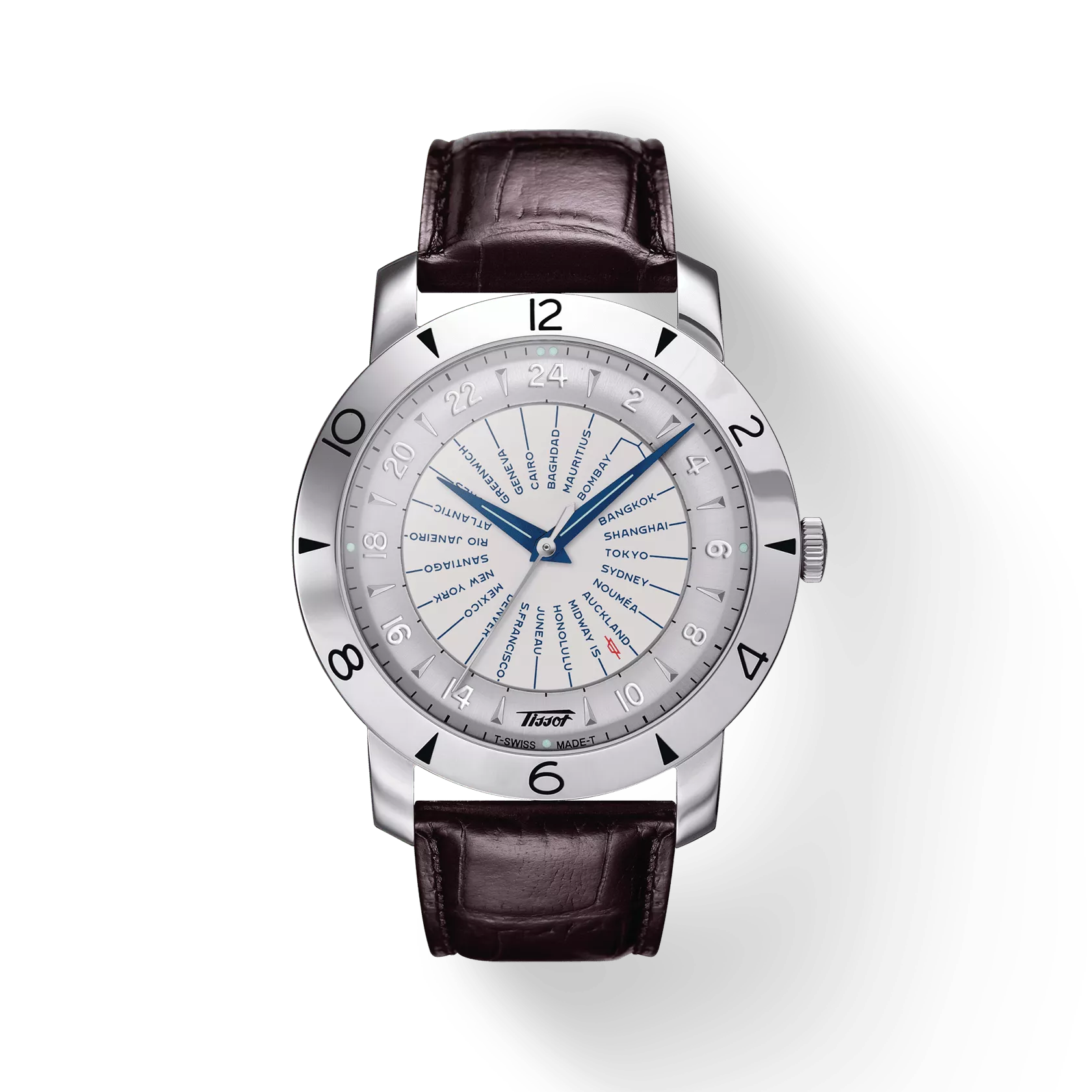 Luxury world time watch with silver case, city names dial, and brown leather strap