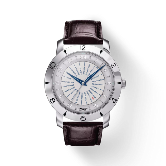 Luxury world time watch with silver case, city names dial, and brown leather strap