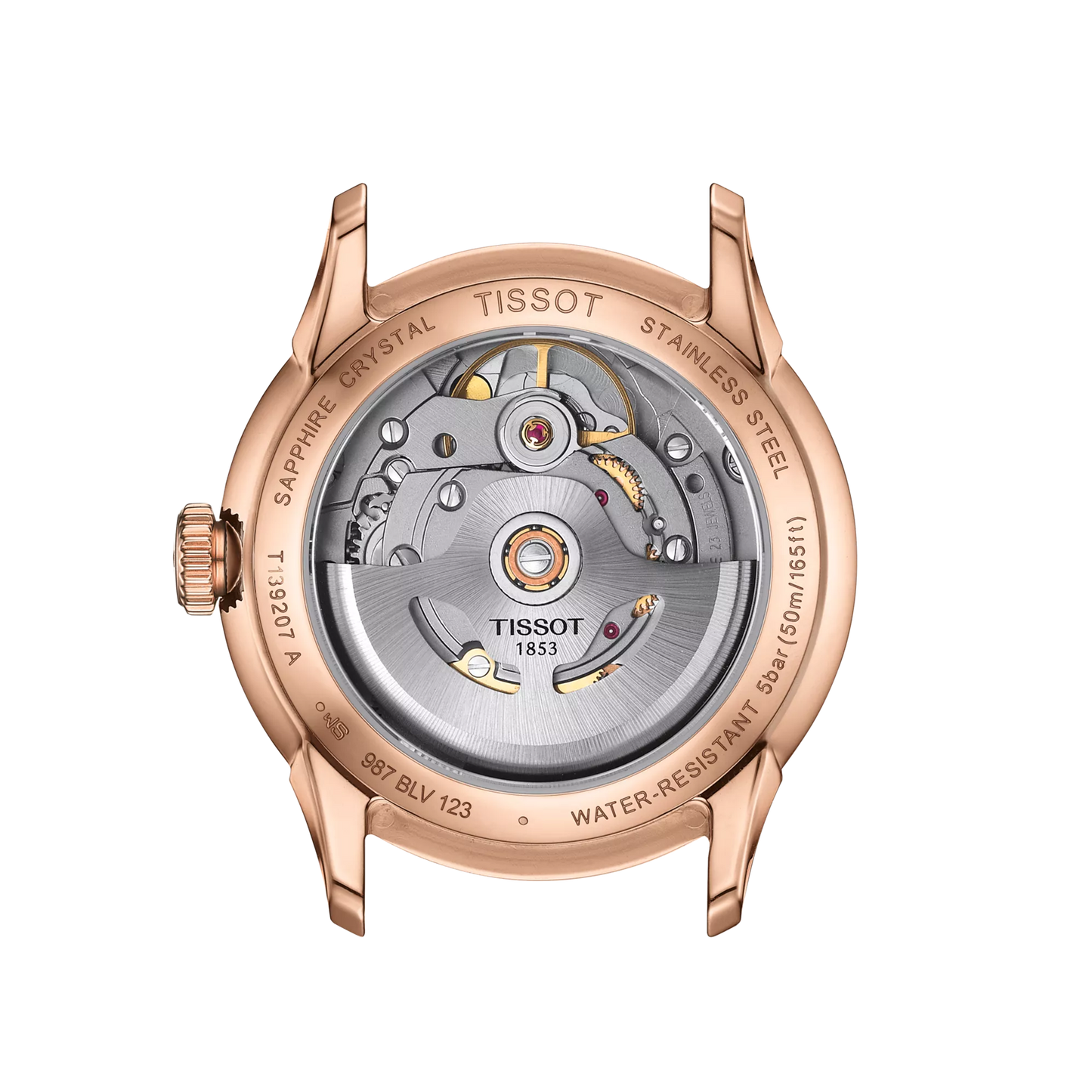 Ruusukultainen automaattinen kellon selkänoja, jossa näkyy paljas mekaaninen liike ja safiirikide.