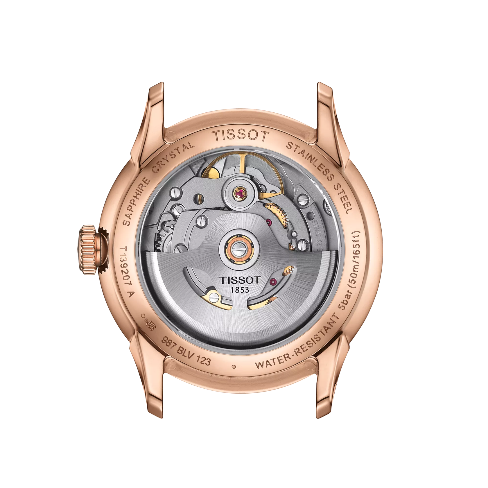 Ruusukultainen automaattinen kellon selkänoja, jossa näkyy paljas mekaaninen liike ja safiirikide.
