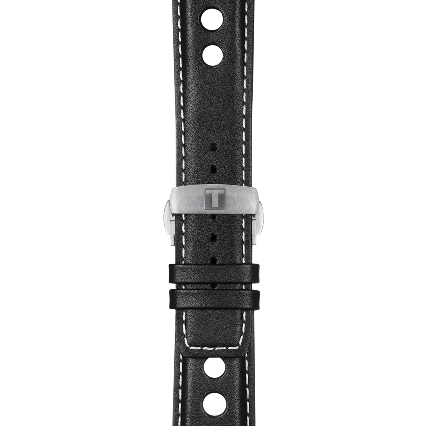 Black leather watch strap with white stitching and stainless steel buckle