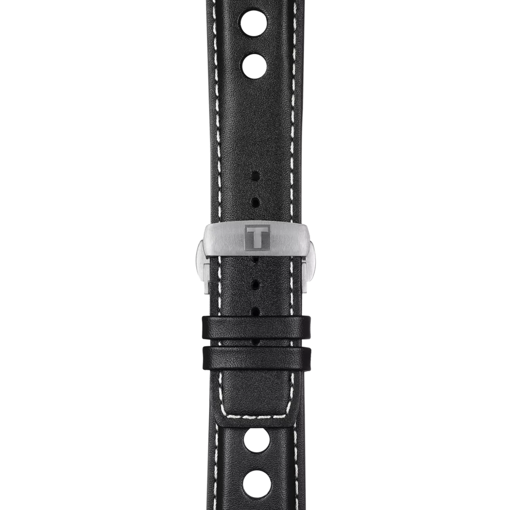 Black leather watch strap with white stitching and stainless steel buckle
